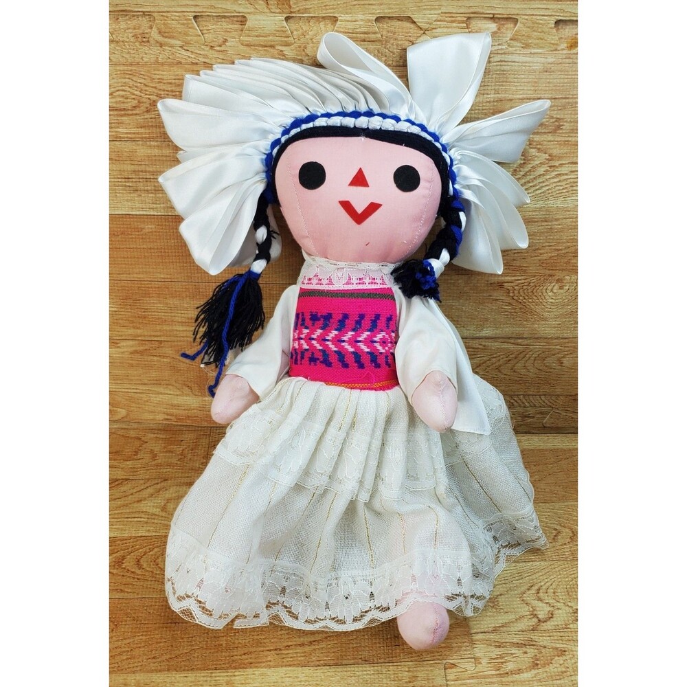 Handmade Mexican Rag Doll 15" Tall White Dress
